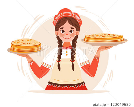 Happy girl in traditional costume holds plates with pancakes. White background 123049680