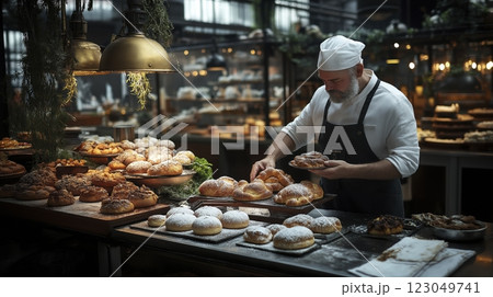 Expert baker skillfully arranges freshly made pastries in a cozy bakery filled with warm ambience and delightful aromas. Generative AI 123049741