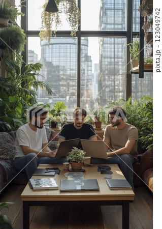 Creative minds collaborate in a lush urban workspace surrounded by greenery and modern architecture. Generative AI Creative minds collaborate in a lush urban workspace surrounded by greenery and modern architecture. Generative AI 123049742