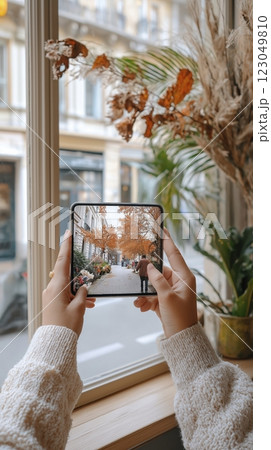 Hands holding a tablet displaying vibrant autumn scenes from a cozy cafe in the heart of the city during a sunny afternoon. Generative AI 123049810