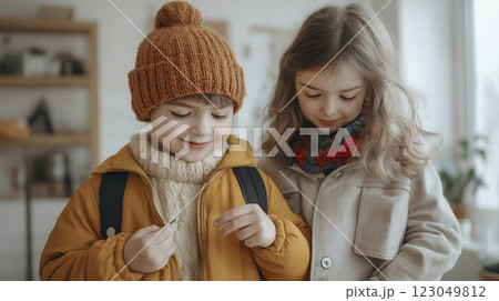 Children enjoying a quiet moment indoors while bundled up in cozy winter clothing, engaging in a delightful discovery. Generative AI 123049812