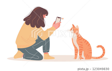 Young woman takes a picture of her red cat. Flat illustration for animal shelter. White background 123049830