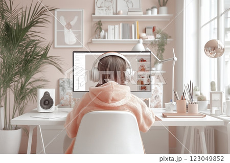 Cozy workspace filled with soft colors invites creativity and focus in a modern home setting with music and productivity. Generative AI Cozy workspace filled with soft colors invites creativity and focus in a modern home setting with music and productivity. Generative AI 123049852