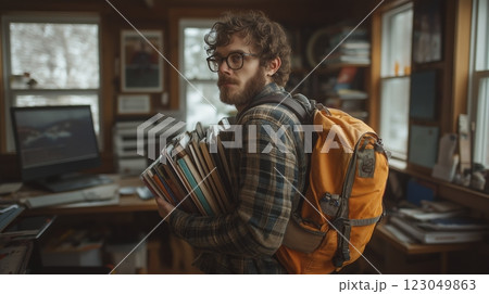 Creative student balances a stack of books while preparing for an inspiring study session in a cozy workspace. Generative AI 123049863