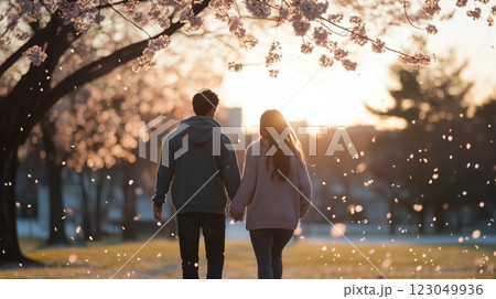 Romantic Cherry Blossom Date Scene, A couple holding hands and walking under a canopy of cherry blossom trees, surrounded by falling petals and warm spring light. 123049936