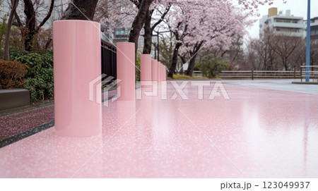 Serene Cherry Blossom Pathway, A peaceful pathway lined with blooming pink cherry blossom trees, petals gently falling onto the ground, creating a tranquil spring atmosphere. Serene Cherry Blossom Pathway, A peaceful pathway lined with blooming pink cherry blossom trees, petals gently falling onto the ground, creating a tranquil spring atmosphere. 123049937