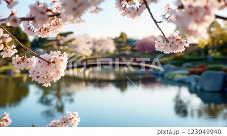 Traditional Japanese Garden with Cherry Blossoms, A traditional Japanese garden featuring a tranquil pond, wooden bridge, and vibrant cherry blossoms framing the serene scene. 123049940