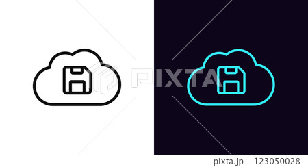 Outline cloud storage icon, with editable stroke. Cloud with diskette icon, cloud technology and security. Remote data storage, file save backup server, virtual database for safe update. Vector icon Outline cloud storage icon, with editable stroke. Cloud with diskette icon, cloud technology and security. Remote data storage, file save backup server, virtual database for safe update. Vector icon 123050028