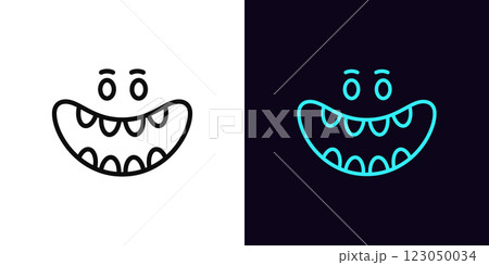 Outline laugh mouth icon, with editable stroke. Cartoon monster face with laughing mouth, haha expression. Laughter emoticon, crazy smile, funny joke, comic emoji, monster giggle. Vector icon 123050034