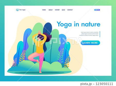 Girl does yoga in nature, in the Park, in the forest. Flat 2D landing page 123050111
