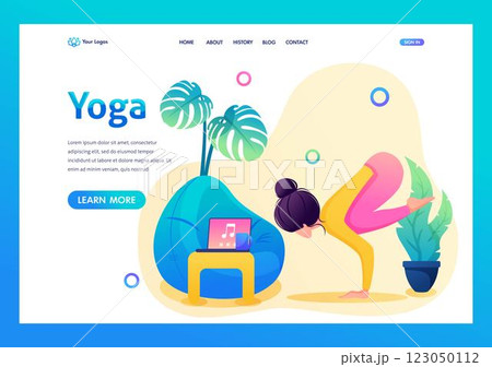Girl enjoys yoga classes with music. In a pleasant, inviting atmosphere. Flat 2D landing page 123050112