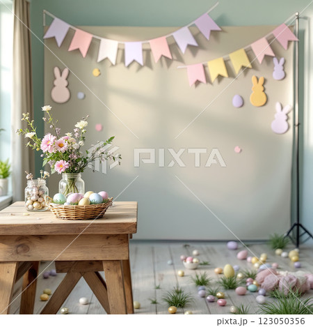 Festive Spring Decoration With Pastel Colors and Easter-themed Decor in a Bright Room Setting 123050356