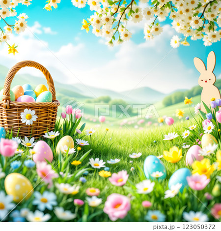 Colorful Easter Egg Hunt in a Blooming Meadow With a Basket and a Cute Bunny Colorful Easter Egg Hunt in a Blooming Meadow With a Basket and a Cute Bunny 123050372