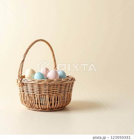 Decorative Pastel Eggs in a Woven Basket Set Against a Neutral Background Perfect for Spring Celebrations 123050381