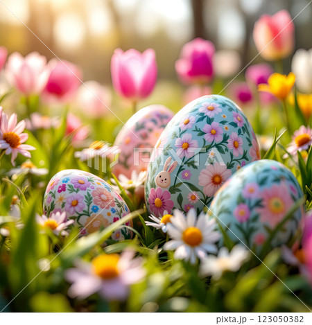 Decorative Easter Eggs Nestled Among Colorful Spring Flowers in a Sunny Garden at Dawn 123050382