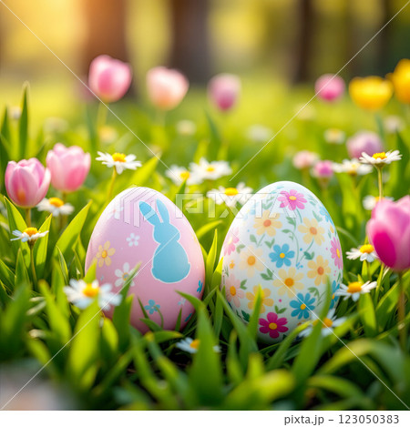 Colorful Easter Eggs Nestled in a Blooming Spring Garden With Tulips and Daisies 123050383
