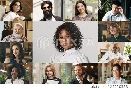 Central portrait of woman in white blouse surrounded by virtual colleagues in creative digital collage against modern workspace. Central portrait of woman in white blouse surrounded by virtual colleagues in creative digital collage against modern workspace. 123050388