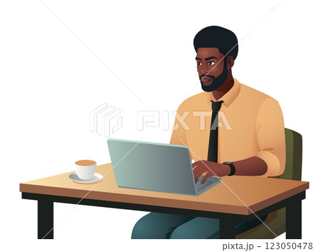 Focused Businessman Working on Laptop at Office Desk with Coffee Cup Professional and Productive Work Environment Modern Vector Illustration of Remote Work, Business, and Technology Focused Businessman Working on Laptop at Office Desk with Coffee Cup Professional and Productive Work Environment Modern Vector Illustration of Remote Work, Business, and Technology 123050478
