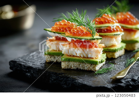 Luxury Seafood Bites with Crisp Bread and Dill Garnish 123050483