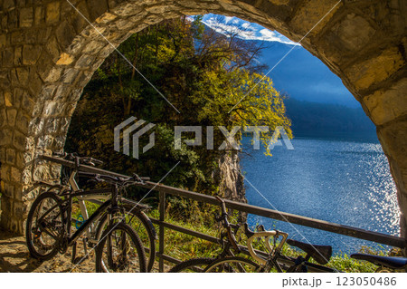 Olive trail in Lugano suburb  in Distance cool lift so manty people left bicycles 123050486