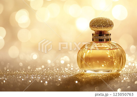 Luxurious perfume bottle sparkling on golden glitter background 123050763
