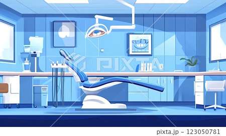 Empty dentist office interior with chair and lamp lighting 123050781