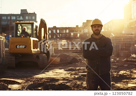 Construction worker crossing arms on building site at sunset 123050782