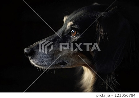 Saluki dog gazing into the darkness with hopeful eyes 123050784