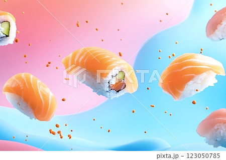 Salmon nigiri and cucumber hosomaki sushi floating on pastel pink and blue background 123050785