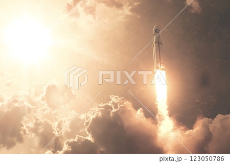 Rocket launching into space with clouds and sun in the background 123050786
