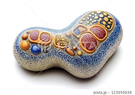 Colorful ceramic sculpture representing an abstract biological cell on white 123050839
