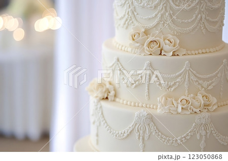 Delicious white wedding cake showing roses and elegant decorations 123050868