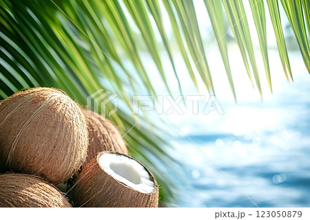 Fresh coconuts hanging from palm tree on tropical beach 123050879
