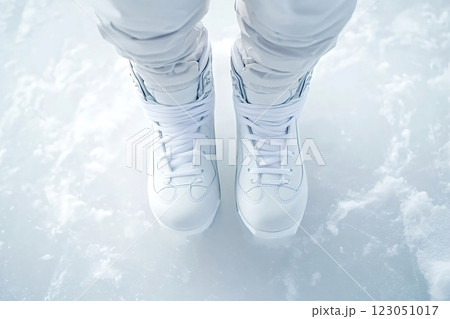 Ice skater wearing white ice skates standing on frozen lake 123051017