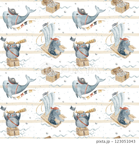 Watercolor geometric pattern blue whale penguins pirates. Seamless pastel beige stripe. Illustration in children's style on white background. Print for textile, fabric, packaging, clothes, wallpaper 123051043
