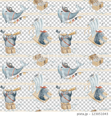 Watercolor geometric pattern blue whale penguins pirates. Seamless pastel beige stripe. Illustration in children's style on white background. Print for textile, fabric, packaging, clothes, wallpaper 123051043