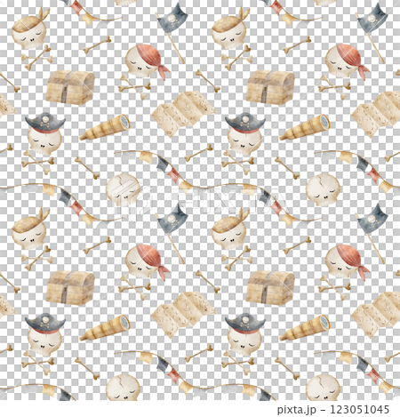 Watercolor pattern pirate attributes skulls, bones, chest, map, flag, garland, spyglass. Hand drawn illustration. Endless print on white background for fabric, textile, packaging, clothes, wallpaper 123051045