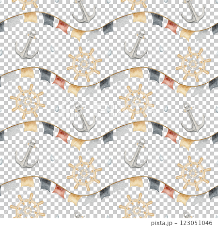 Watercolor pattern anchor, steering wheel, flags, garland, drops. Hand drawn illustration in sea pirate style. Isolated for design of fabric, textile, packaging, clothes, wallpaper, bathroom, nursery 123051046