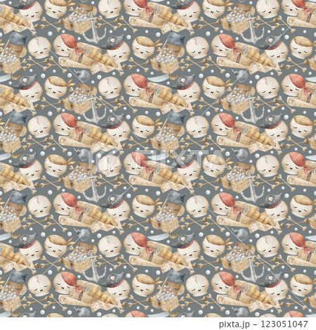Watercolor pattern skull, bones, pirates, bubble chest, anchor, flag, spyglass. Hand drawn illustration. Endless tiled print on dark grey background for fabric, textile, packaging, clothes, wallpaper 123051047