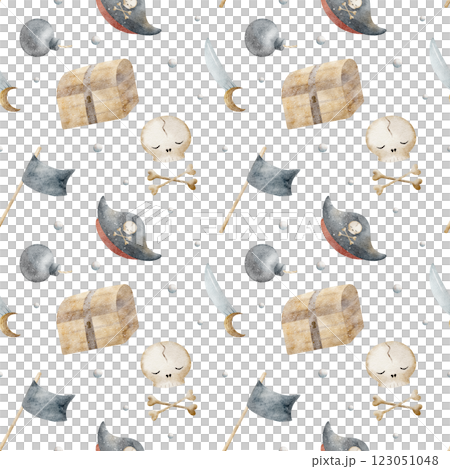 Watercolor pattern pirates skull, bones, flags, garland. Hand-drawn illustration in marine style. Print on white background for design fabric, textile, packaging, clothes, wallpaper, bathroom, nursery 123051048