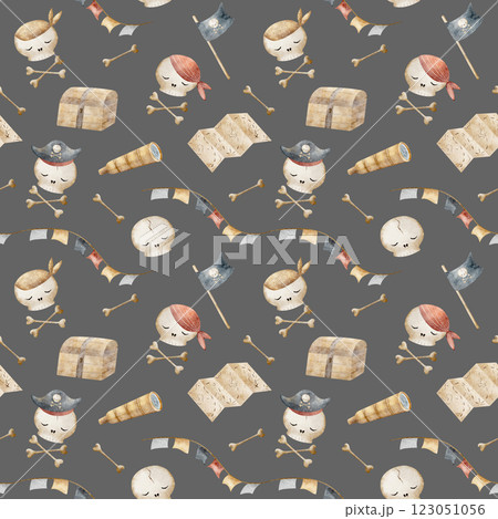 Watercolor pattern pirate attributes skulls, bones, chest, map, flag, garland, spyglass. Hand drawn illustration. print on dark gray background design of fabric, textile, packaging, clothes, wallpaper 123051056