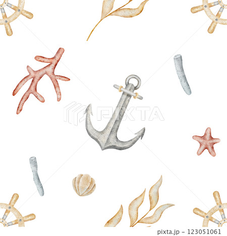 Watercolor pattern anchor, steering wheel in shells, seaweed, corals. Hand drawn illustration in marine style. Endless print on white background for fabric, textile, packaging, clothes, wallpaper 123051061