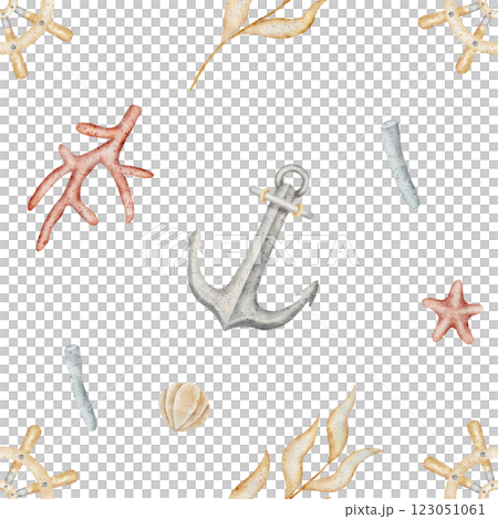Watercolor pattern anchor, steering wheel in shells, seaweed, corals. Hand drawn illustration in marine style. Endless print on white background for fabric, textile, packaging, clothes, wallpaper 123051061