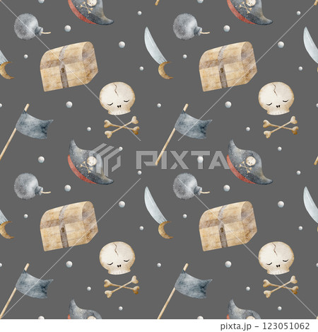 Watercolor pattern pirates skull, bones, flags, bubbles. Hand drawn illustration marine style. Print on gray background for design of fabric, textile, packaging, clothes, wallpaper, bathroom, nursery Watercolor pattern pirates skull, bones, flags, bubbles. Hand drawn illustration marine style. Print on gray background for design of fabric, textile, packaging, clothes, wallpaper, bathroom, nursery 123051062