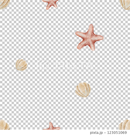 Watercolor pattern seashells, starfish. Illustration hand drawn in marine style in pastel beige red colors. Seamless print on white background fabric, textile, packaging, clothes, wallpaper, clothing Watercolor pattern seashells, starfish. Illustration hand drawn in marine style in pastel beige red colors. Seamless print on white background fabric, textile, packaging, clothes, wallpaper, clothing 123051069