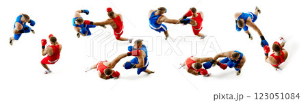Dynamic collage. Boxers throwing punches, blocking, attacking in high-energy exchange against white studio background. Dynamic collage. Boxers throwing punches, blocking, attacking in high-energy exchange against white studio background. 123051084
