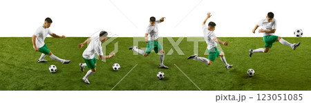 Dynamic collage. Soccer player dribbling, striking ball with speed and agility against green field background. Dynamic collage. Soccer player dribbling, striking ball with speed and agility against green field background. 123051085