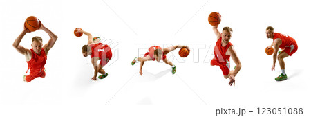 Dynamic collage. Basketball player dribbling, driving, dunking ball in fast-paced sequence against white studio background. Dynamic collage. Basketball player dribbling, driving, dunking ball in fast-paced sequence against white studio background. 123051088