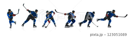 Dynamic collage. Hockey player skating, passing, shooting puck in intense sequence against white studio background. Dynamic collage. Hockey player skating, passing, shooting puck in intense sequence against white studio background. 123051089
