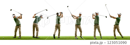Dynamic collage. Golfer preparing, swinging, driving ball in controlled movements against white studio background. Dynamic collage. Golfer preparing, swinging, driving ball in controlled movements against white studio background. 123051090